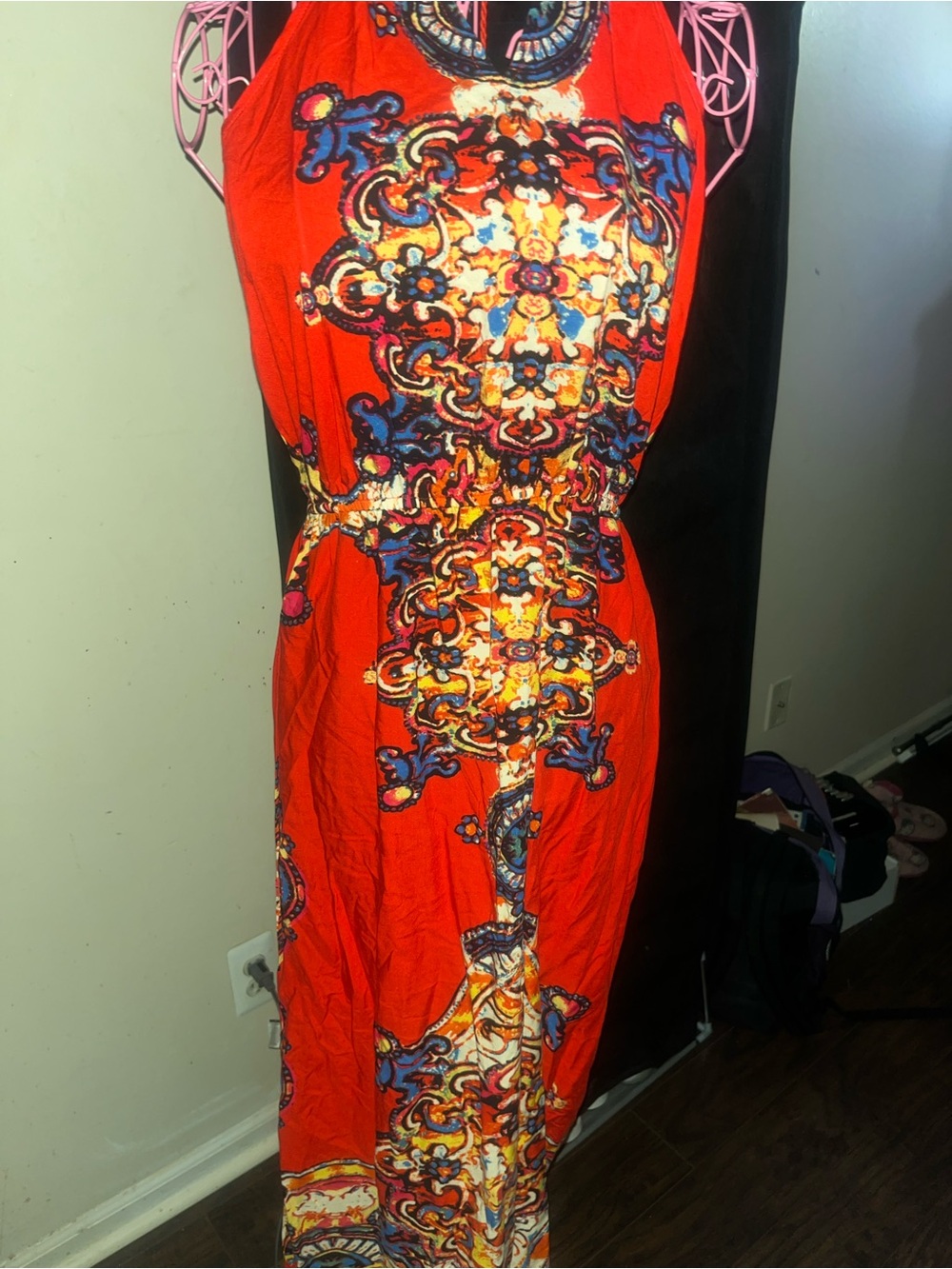 Red Halter Maxi Dress with Intricate Medallion Print